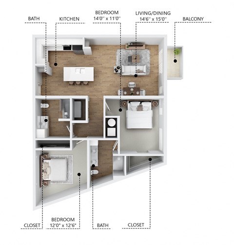 Floor plan for 2 beds, 2 baths, 1150 sqft